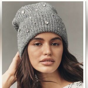 Anthropologie Flat White Rhinestone Beanie
 Gray NWT